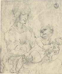 La Virgen con el Niño acariciando un gatito, dibujo de Leonardo da Vinci conservado en la Galería de los Uffizi